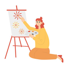 Illustration of People Painting at Canvas. Isolated on White Background. Vector Cartoon Character