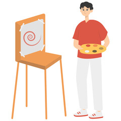 Illustration of People Painting at Canvas. Isolated on White Background. Vector Cartoon Character