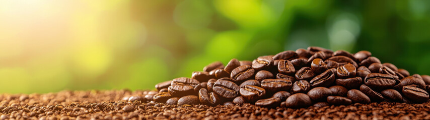 Fototapeta premium Freshly roasted coffee beans on textured surface with warm glow, creating cozy atmosphere. rich earthy tones enhance inviting feel of this coffee scene