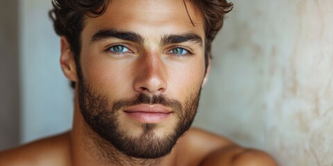 Obraz premium Portrait of a man with piercing blue eyes and stubble