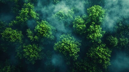 Obraz premium Aerial Misty Forest Canopy Lush Green Trees, Fog, Dark Atmosphere