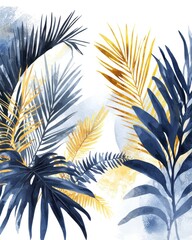 Modern watercolor illustration of abstract botanical leaves in navy blue and golden hues on a white background creating a minimalistic look
