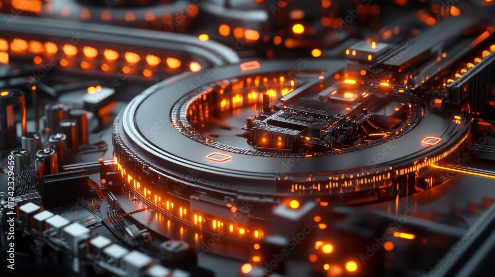 Poster orange lights illuminate a futuristic quantum computing processor performing complex calculations, s