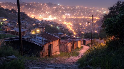 Obraz premium Winding Path on Hillside at Dusk with City Lights in Background