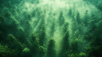 Aerial Misty Forest Sunrise Light Rays, Green Canopy