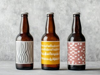 Craft beer bottles with unique label design. Alcoholic brewed beverage.