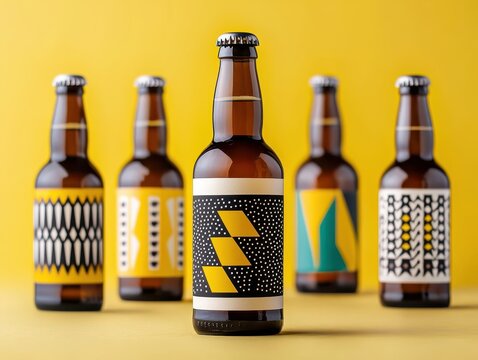Artistic composition of craft beer bottles with colorful label design. Alcoholic brewed beverage.