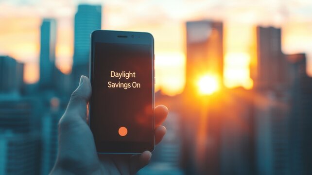 Daylight savings activation reminder urban cityscape mobile screen sunset view time management awareness
