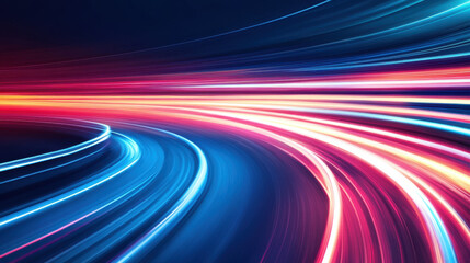 Vibrant abstract image showing speed with colorful light trails in motion, creating dynamic and energetic atmosphere. curves and lines evoke sense of movement and excitement
