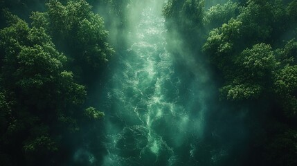 Fototapeta premium Aerial Misty River Flowing Through Lush Green Forest (1)