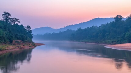 Fototapeta premium Serene River Landscape at Sunrise with Soft Focus