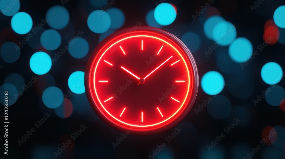 Poster dynamic red clock illuminates modern space abstract art digital environment close-up view time conce