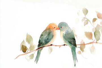 Obraz premium A delicate watercolor painting of two lovebirds perched on branches surrounded by soft pastel foliage symbolizing love and connection