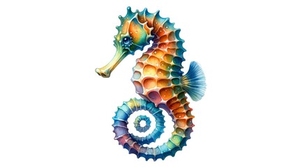 Fototapeta premium Colorful Seahorse in Spiral Composition, Vibrant Watercolor Art, Marine Life Concept