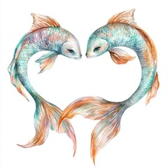 Obraz premium Elegant watercolor illustration of two colorful fish swimming in a heart shape, symbolizing love, harmony, and connection