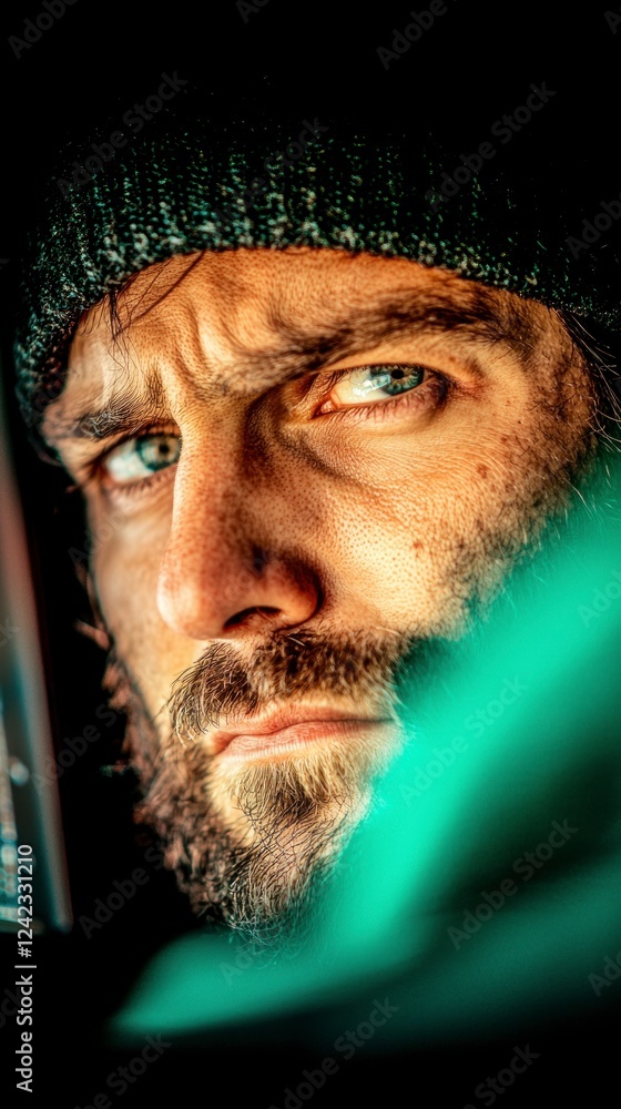 Poster intense hacker focused face dark beard serious computer screen cybersecurity digita