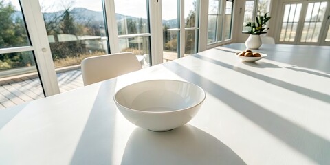 Fototapeta premium Bright Minimalist Drone Photography of a White Empty Bowl on a White Table in a Clean, Sunlit Room - Perfect for Mockup Designs and Aesthetic Projects