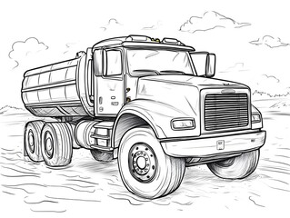 Cartoon Outline Drawing of a Large Industrial Dump Truck on a Dirt Road