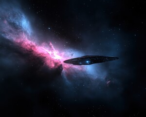 Obraz premium Futuristic Spacecraft Exploring Colorful Nebula in Cosmic Environment