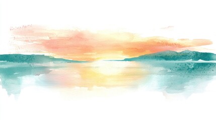 Beautiful watercolor illustration of a tranquil sunset, featuring soft pink and purple hues reflecting over a peaceful ocean.