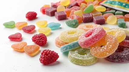 Candid Photography of Colorful Assorted Gummy Candies on White Background for Sweet Treats, Dessert Themes, and Candy Lovers - Perfect for Stock Photography Needs