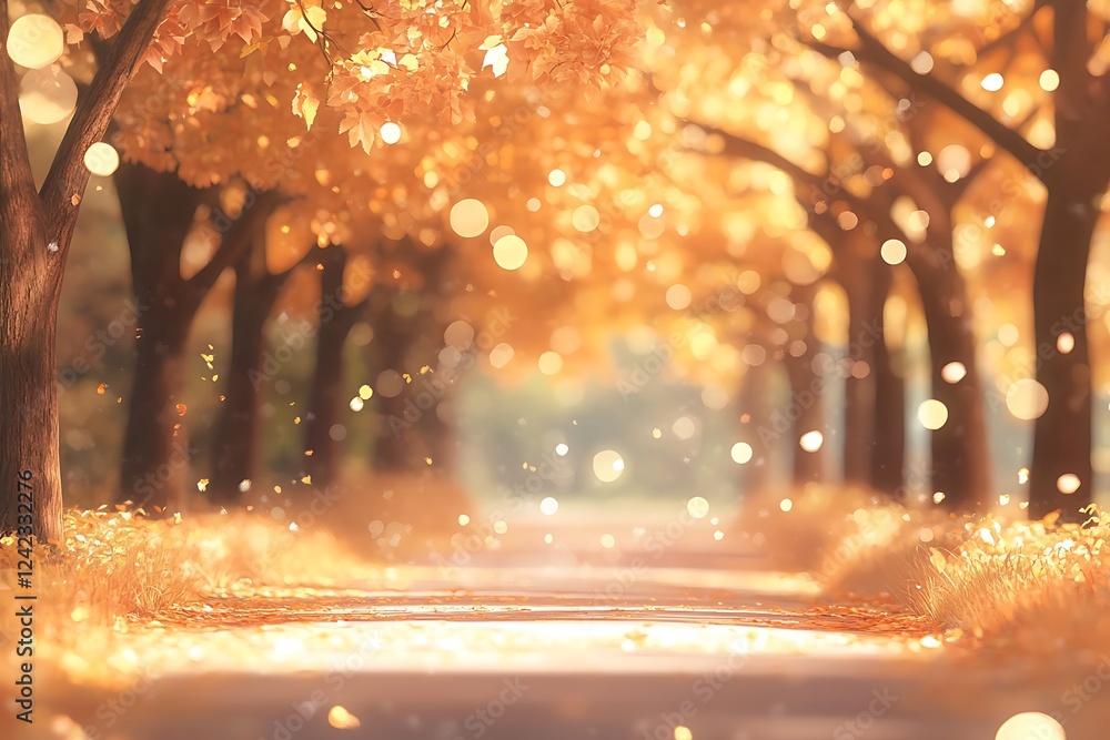 Poster abstract bokeh background with autumn trees in the city park.