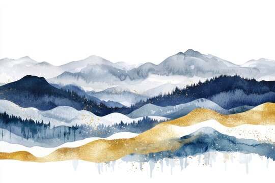 Elegant abstract watercolor painting of layered blue and gray mountains highlighted with shimmering gold accents for a modern aesthetic.
