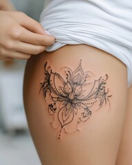 A detailed floral tattoo decorates the thigh of an individual in a soft-lit indoor environment. The delicate lines and patterns showcase the artistry of body ink at a moment of calm