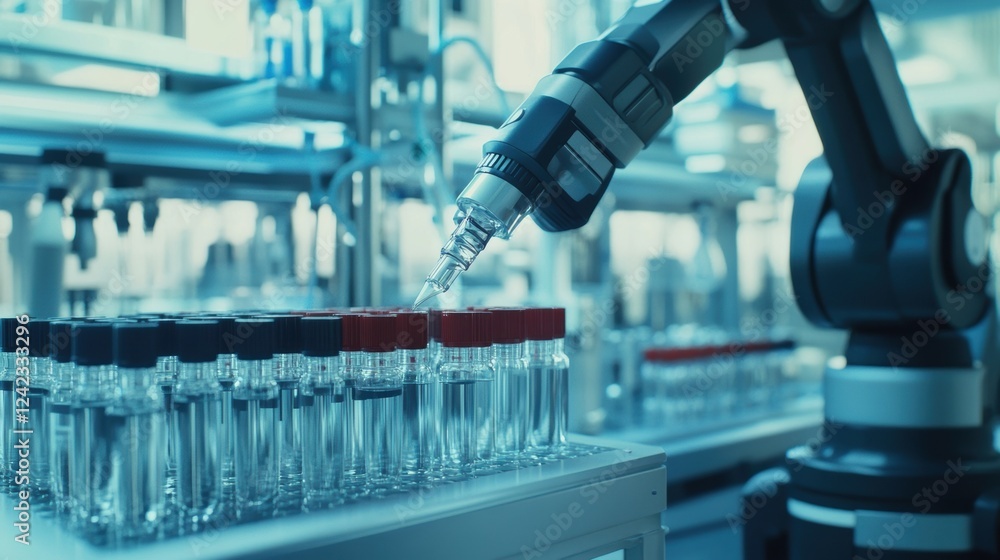 Poster a medium closeup of an advanced automated sample handling robot in a chromatography lab gripping a r