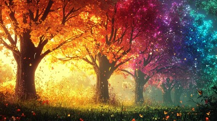 Vibrant Autumn Forest with Colorful Trees and Falling Leaves in an Enchanted Setting