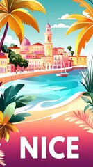 Obraz premium Vibrant digital illustration of Nice, France, featuring the Promenade des Anglais, turquoise Mediterranean waters, and colorful city architecture in sunny pastel tones. .