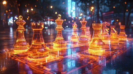 Illuminated Chess Pieces Urban Setting Digital Artwork Nighttime High Angle Strategy Concept
