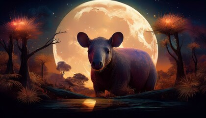 Tapir in a brown dreamy mood with the big full moon