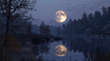 Serene Night Landscape with Full Moon Reflecting on Calm Water and Surrounding Nature