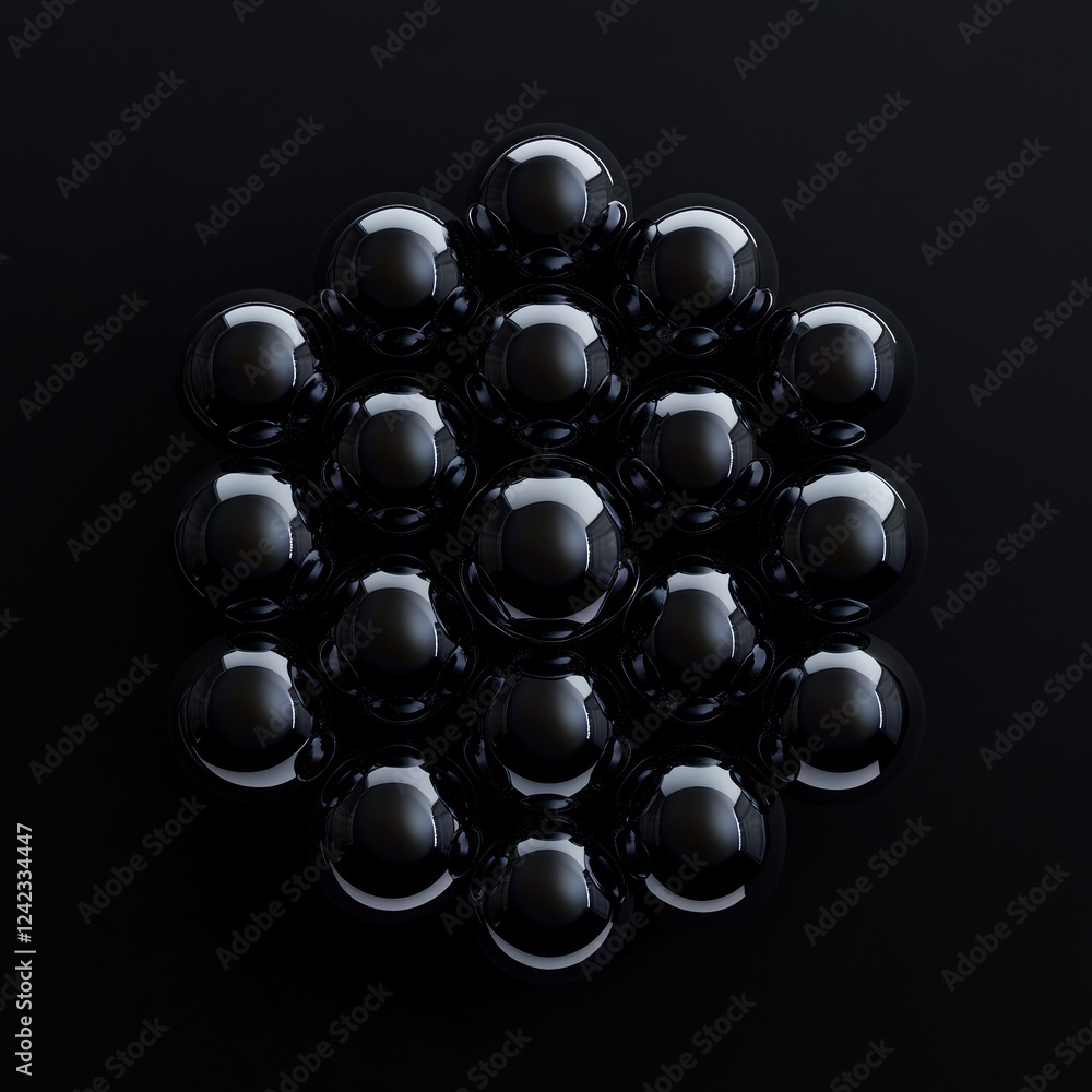Poster black spheres arranged in a circular pattern on a dark background.