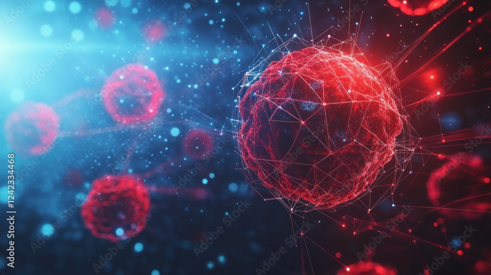 Poster abstract red sphere with connections in blue space.