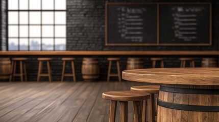 Cozy wooden bar interior with stool and chalkboard menus, showcasing a warm atmosphere