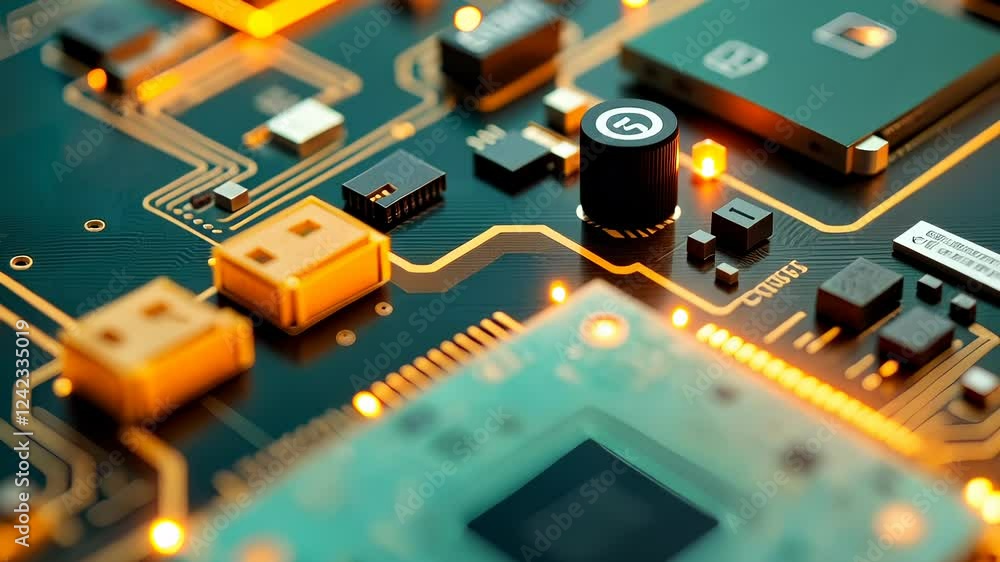 Poster close-up of illuminated circuit board components and microchips