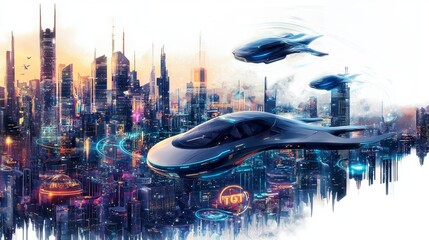 Futuristic Cityscape with Hover Cars in a Vibrant Urban Environment at Sunset