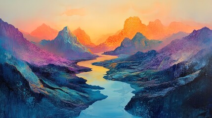 Obraz premium A surreal oil-paint valley with glowing rivers cutting through soft pastel landscapes
