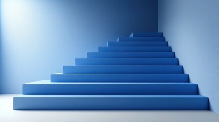 Fototapeta premium Blue stairs climb wall, light source, upward path, ideal for metaphoric uses