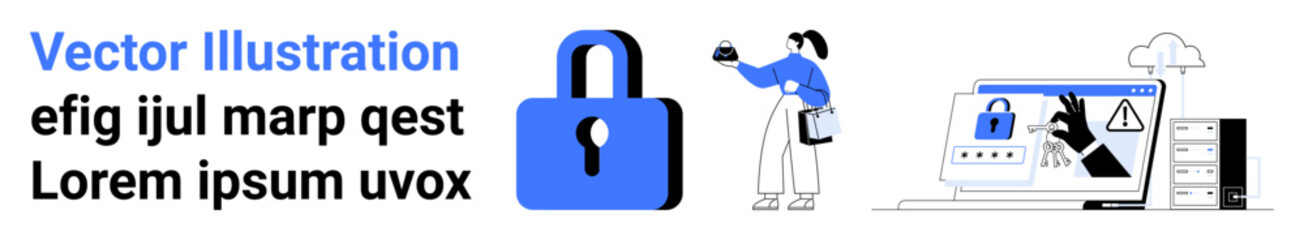 Lock icon, person scanning QR code, computer with security warning. Ideal for online protection, cyber safety, user authentication, data security, digital privacy, technology education flat landing