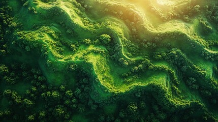 Aerial sunlit green hills, winding valleys, lush forest landscape
