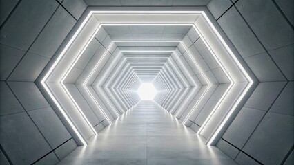 Fototapeta premium Hexagonal Tunnel with Futuristic Neon Lights and Bright Light Source at End