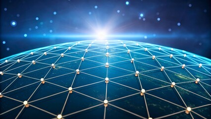 Abstract Digital Network Over Earth with Distant Bright Light in Background and Starry Sky