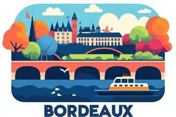 Refined digital illustration of Bordeaux, France, featuring the Place de la Bourse, the Garonne River, and scenic wine-region landscapes in warm pastel shades.  .