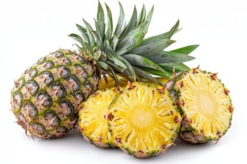 A fresh, ripe pineapple with a golden-yellow textured skin and a vibrant green crown, isolated on a white background, showcasing its tropical appeal.  .