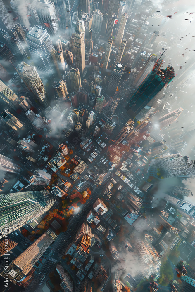 Poster capture a utopian cityscape from a birds-eye view, blending psychological themes like dreams and fea