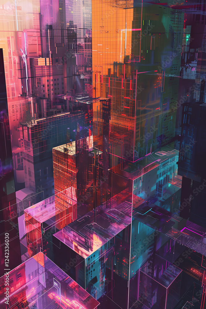 Poster capture a utopian cityscape from a birds-eye view, blending psychological themes like dreams and fea
