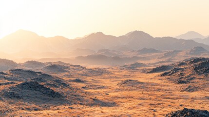 Naklejka premium Serene Desert Landscape at Sunset with Silhouetted Mountains and Warm Golden Tones in the Horizon